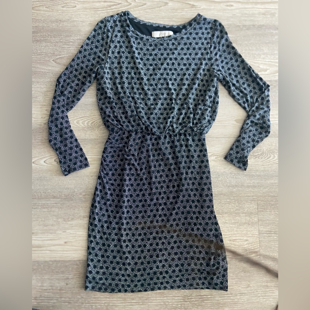 LOFT Petite Black and White Geometric Long Sleeve Dress
